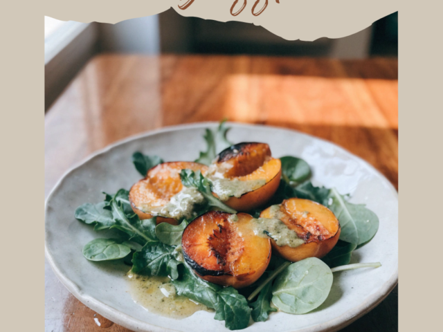 Grilled Peach Salad with Pesto Drizzle
