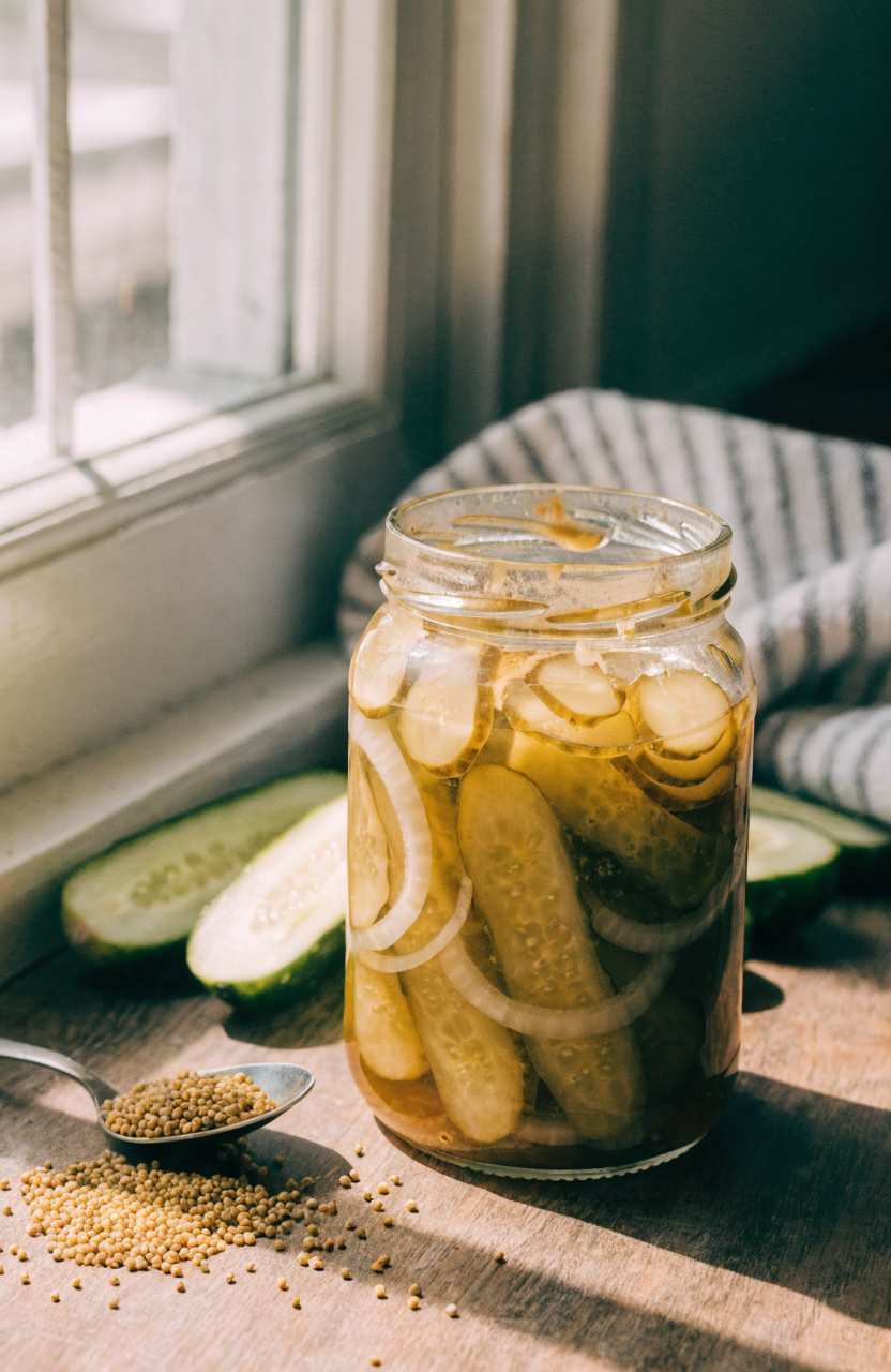 Jar of bread and butter pickles in a glass jar on a wooden table with fresh cucumber slices