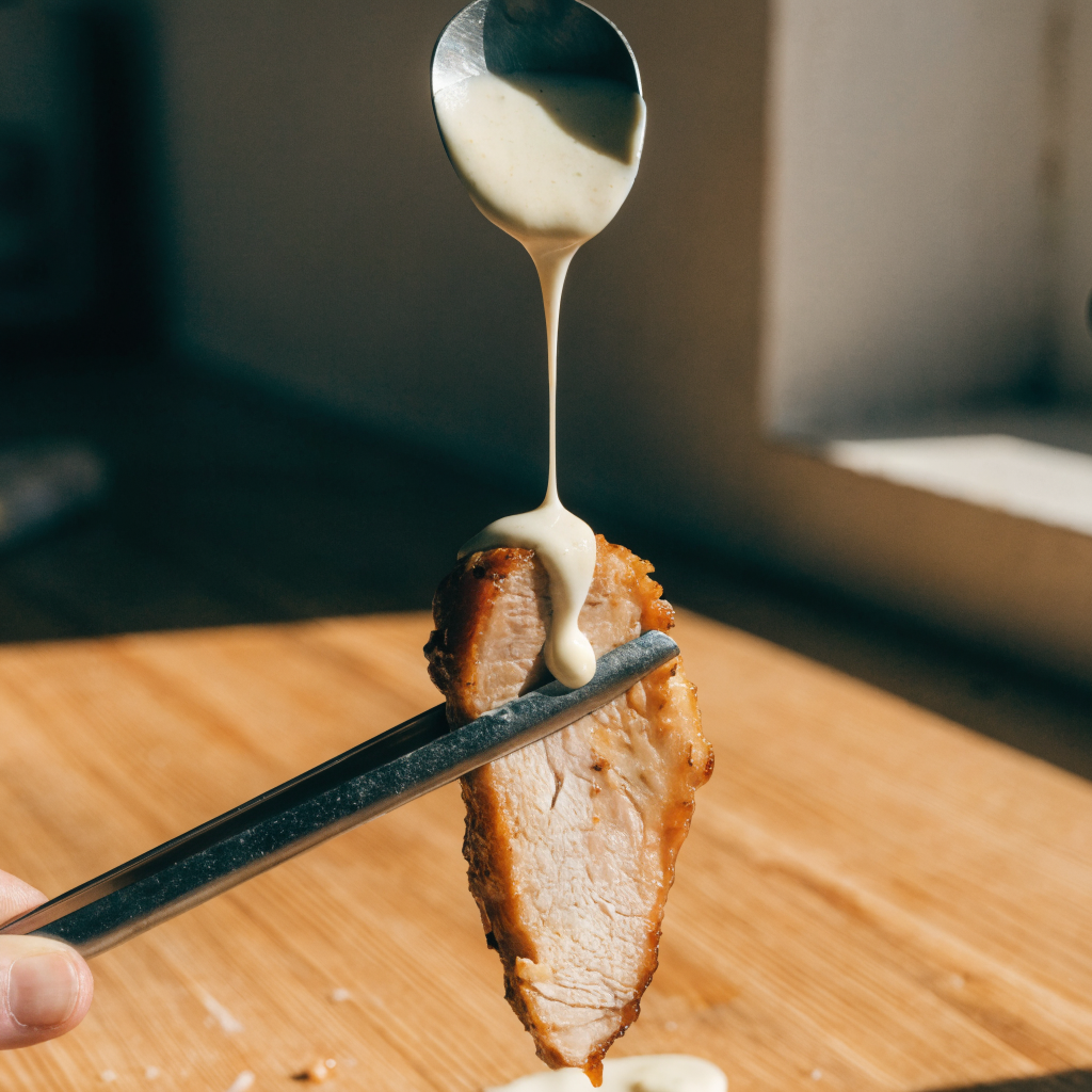 Close-up of easy chicken shawarma with creamy garlic sauce