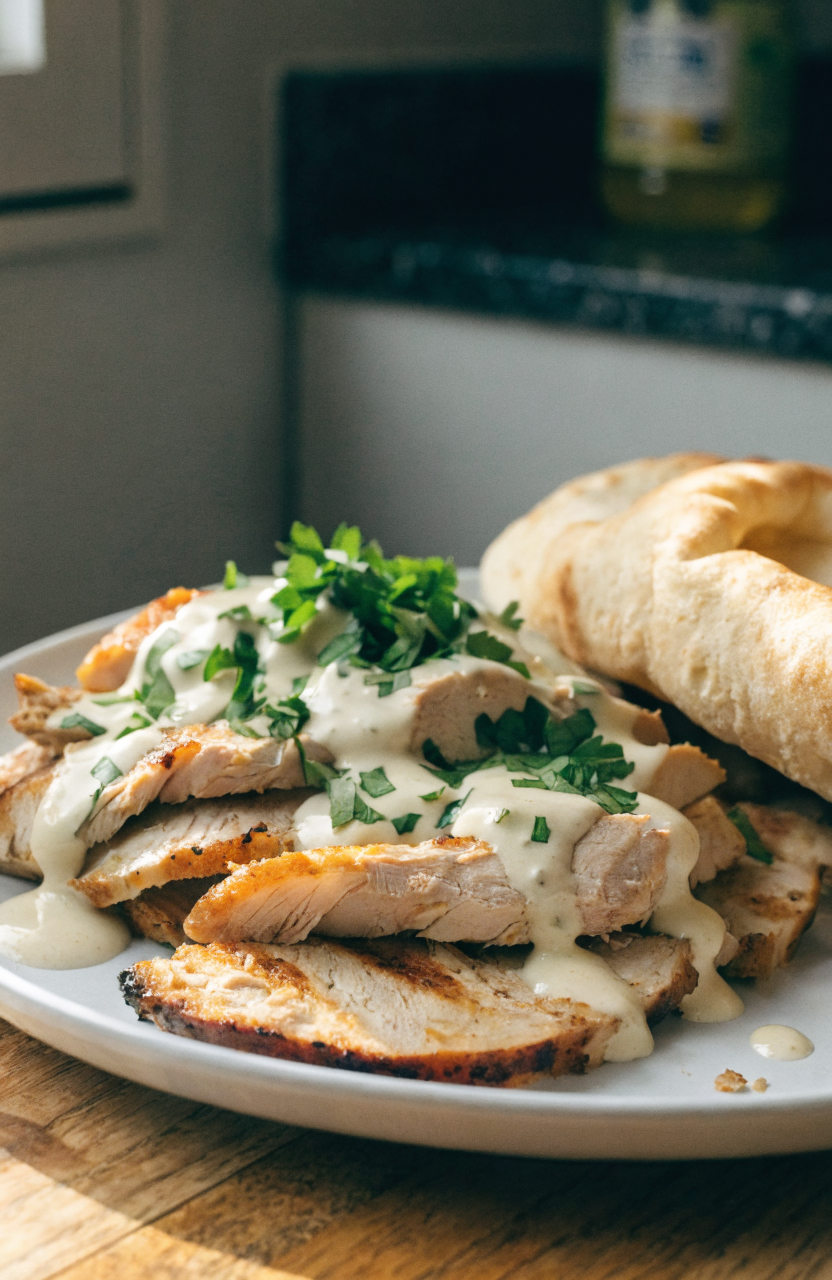 sliced chicken shawarma with garlic sauce and herbs on a white plate