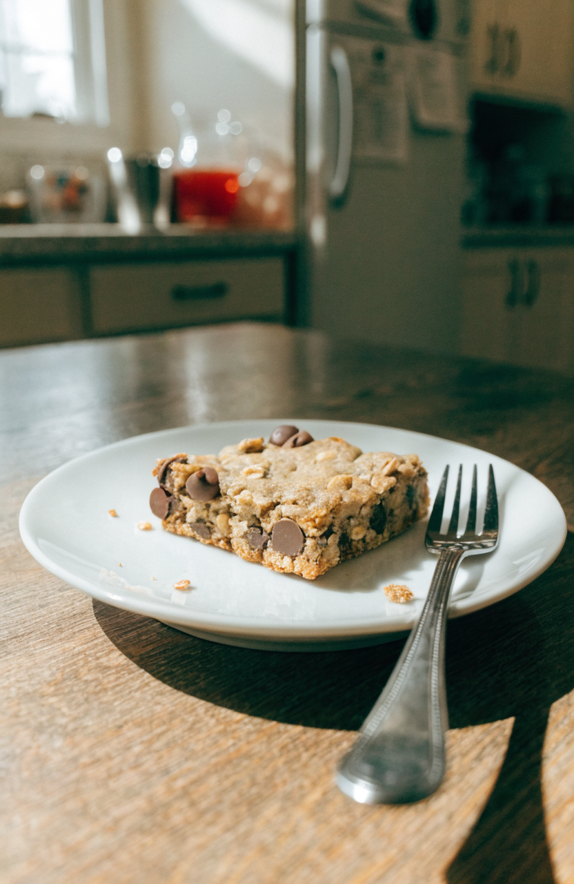 Square of chocolate chip oatmeal cookie bars on a white plate with visible oats and chocolate pockets