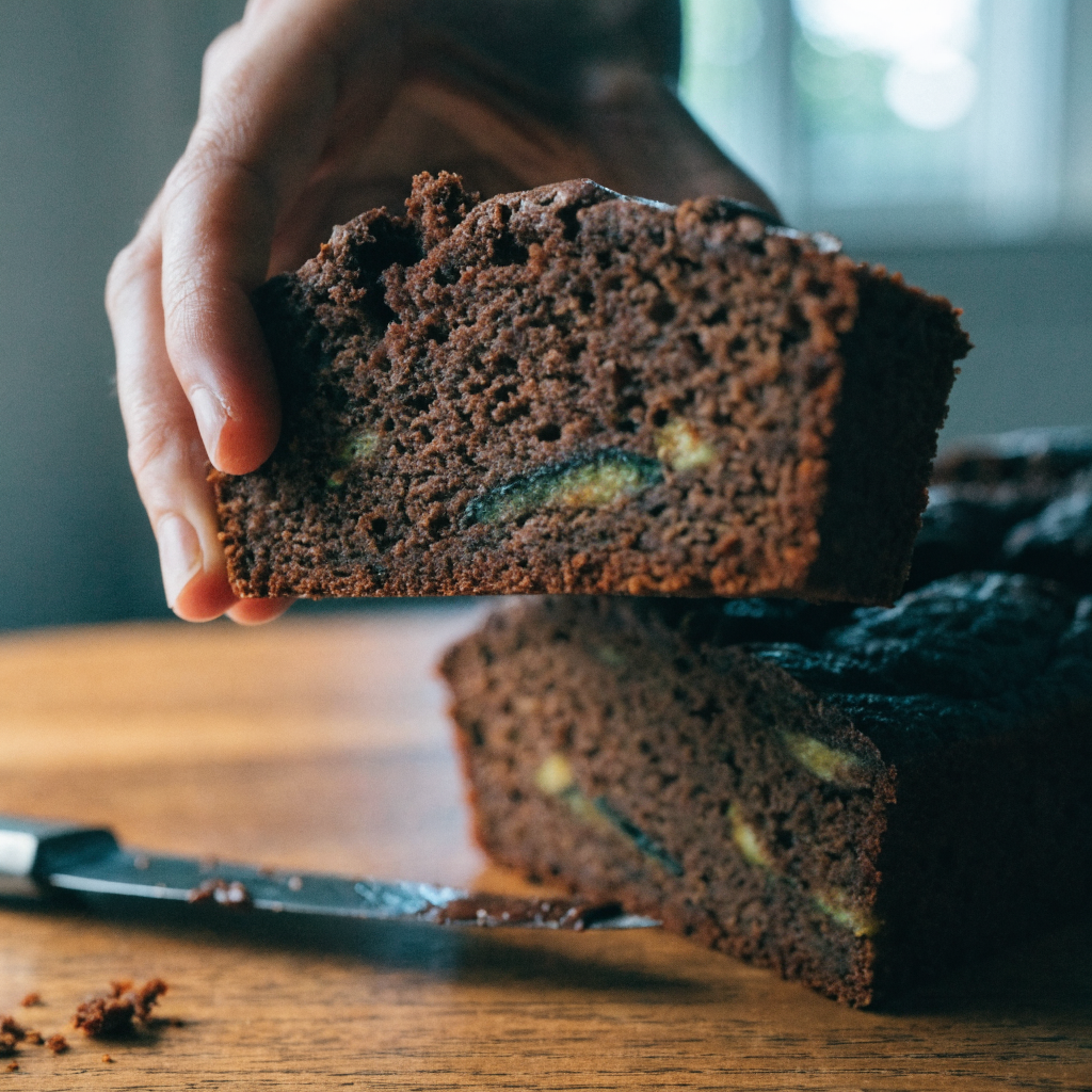 Close-up of chocolate zucchini bread that tastes like a brownie