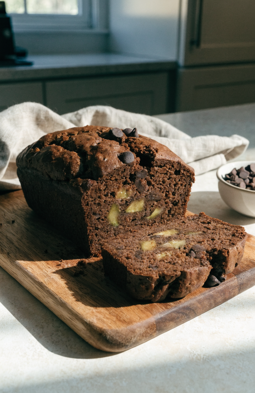 Loaf of chocolate zucchini bread on a wooden board with one slice showing a dense, fudgy interior