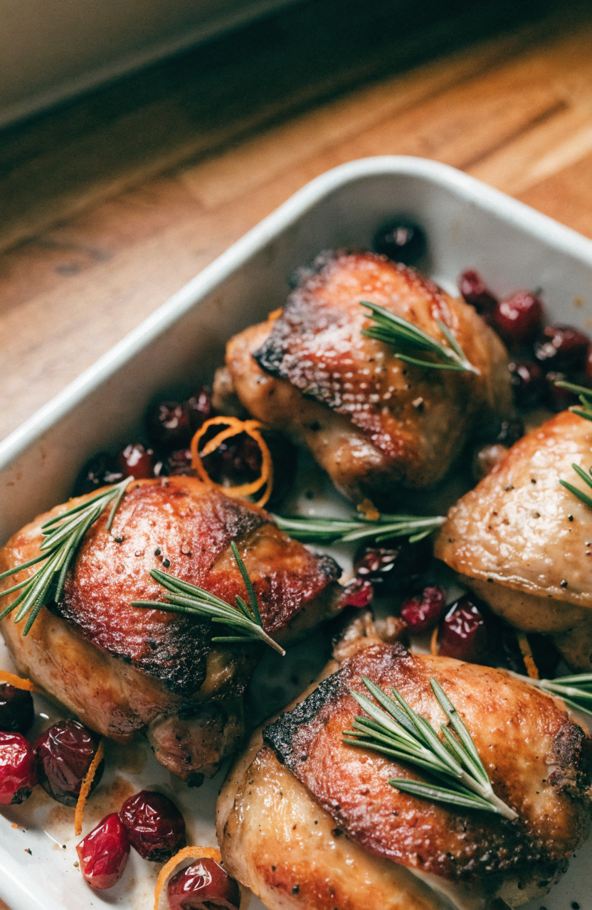 Sheet-pan cranberry rosemary chicken thighs with orange zest and fresh rosemary
