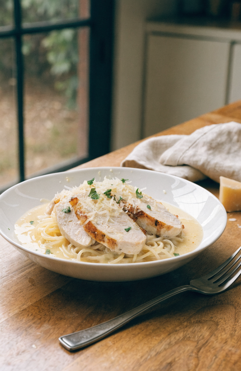 Crock pot angel chicken plated over angel hair pasta with parsley and Parmesan