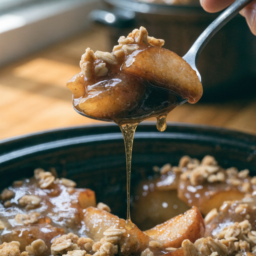 Close-up of crock pot apple crisp with divided oat topping
