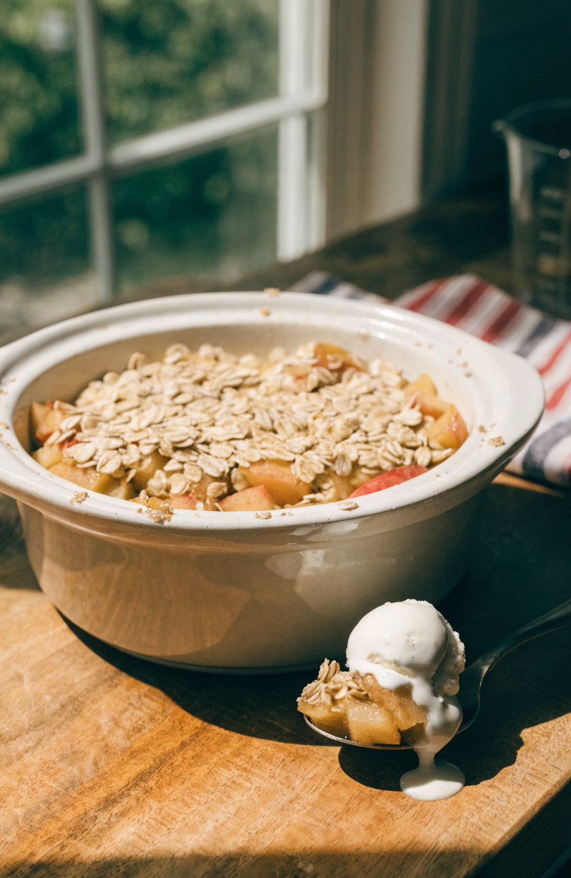 Warm crock pot apple crisp in a white serving bowl with a crunchy oat topping and a scoop of ice cream