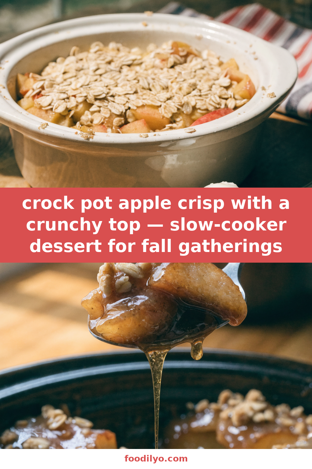 crock pot apple crisp with a crunchy top — slow-cooker dessert for fall gatherings Pinterest recipe pin