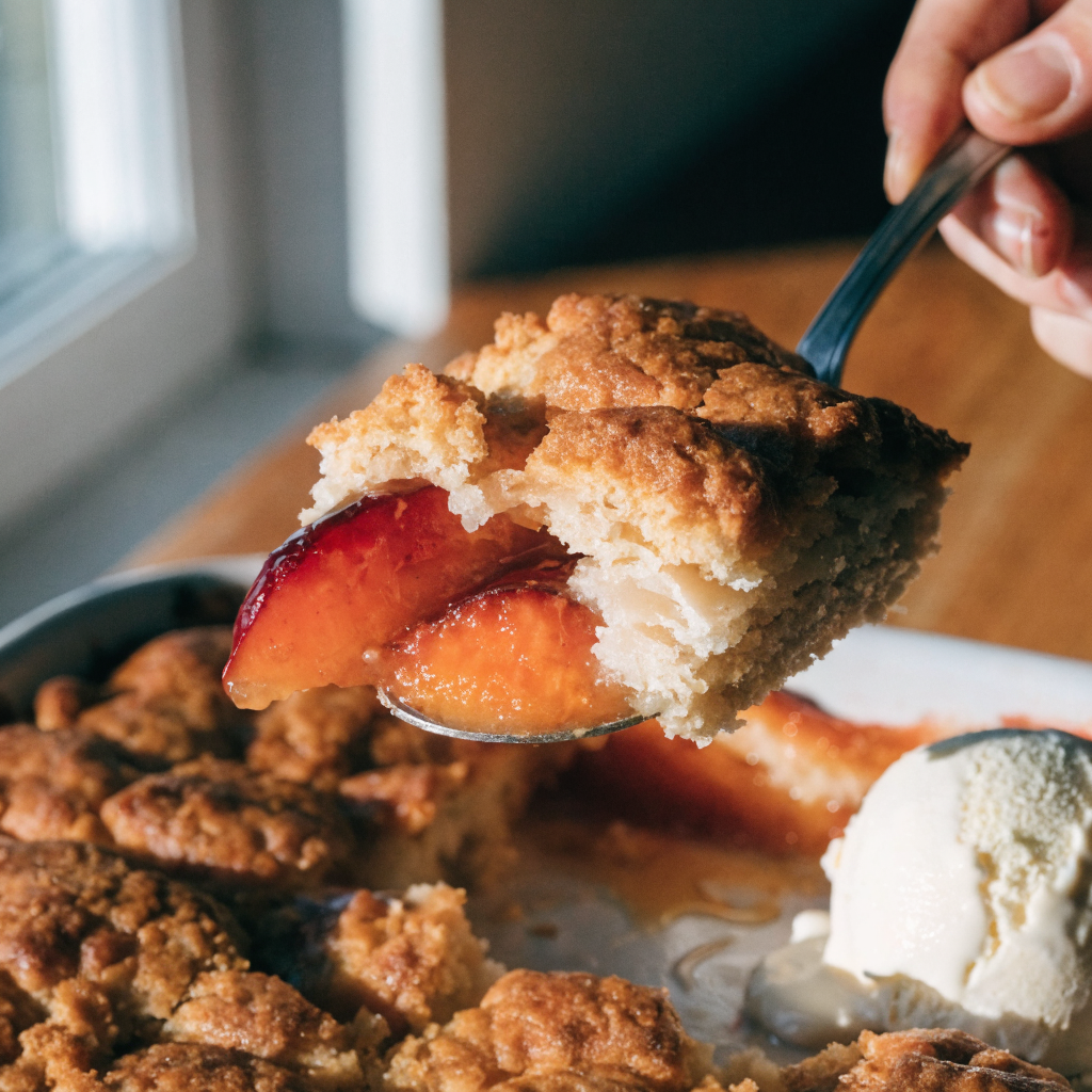 Close-up of classic fresh peach cobbler with biscuit topping