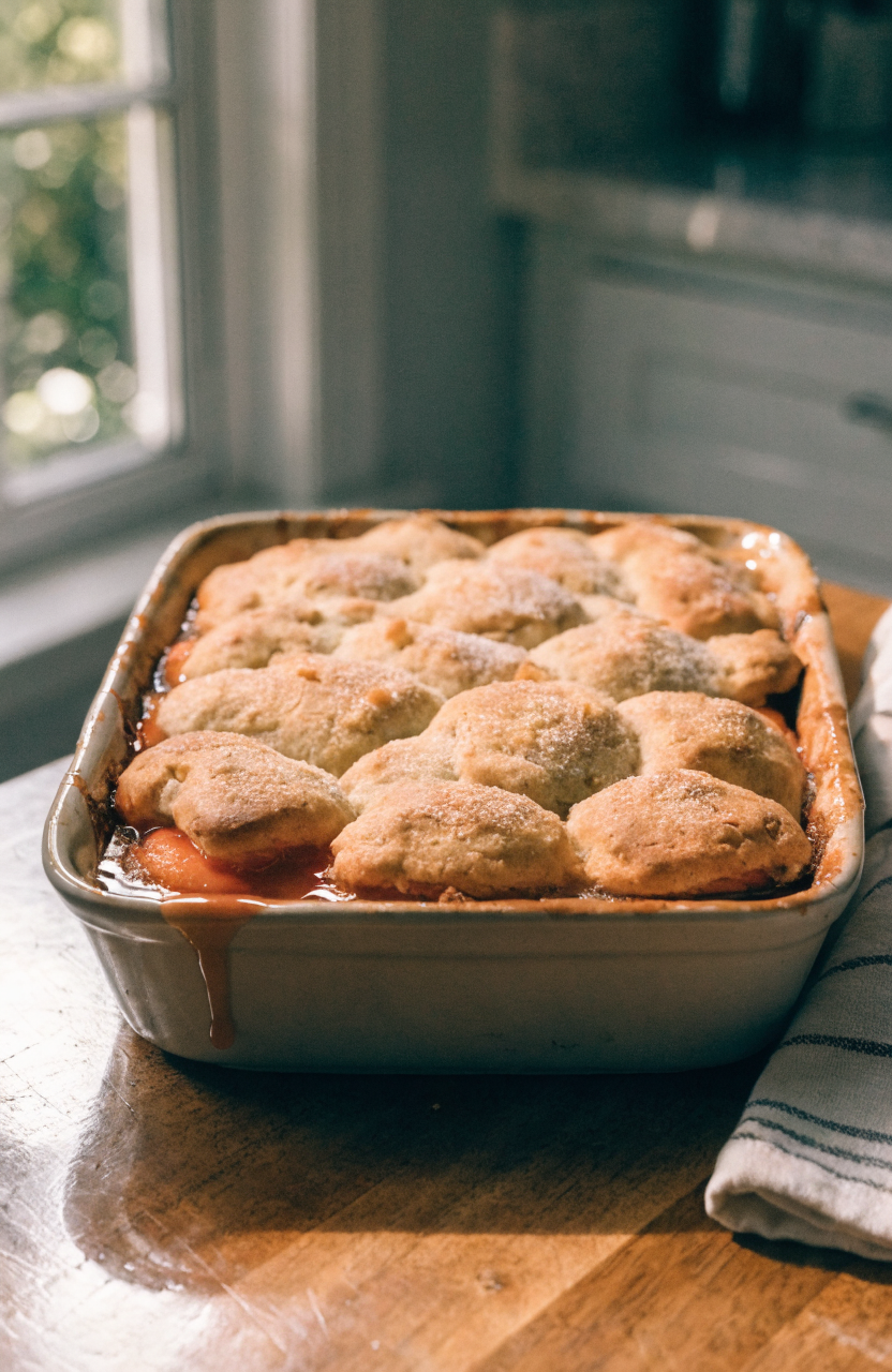 Fresh peach cobbler with golden biscuit topping and bubbling peach filling served in a ceramic baking dish, fresh peach slices and mint garnish