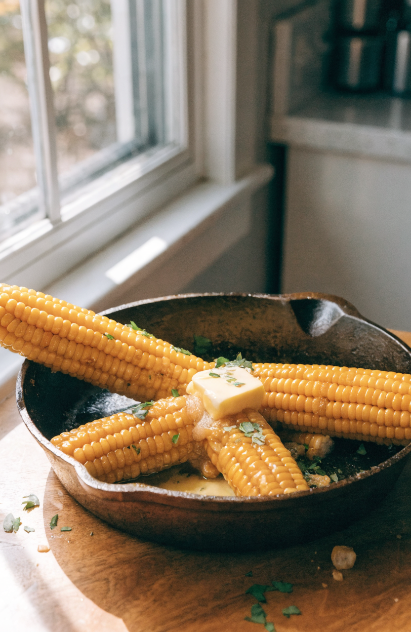 Honey butter skillet corn in a shallow skillet with parsley garnish and glossy honey-butter glaze