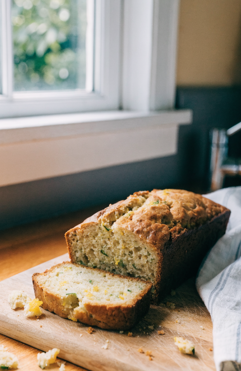 A sliced lemon zucchini bread on a wooden board with lemon wedges and a sprig of mint, the loaf visible in each slice