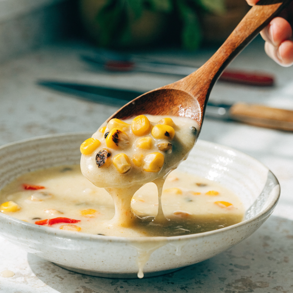 Close-up of crockpot mexican street corn soup