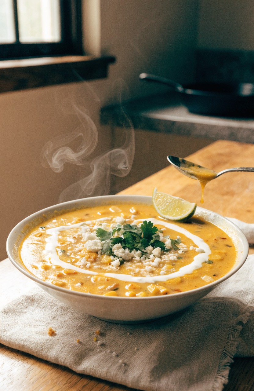 Bowl of Mexican street corn soup with charred kernels and cilantro garnish