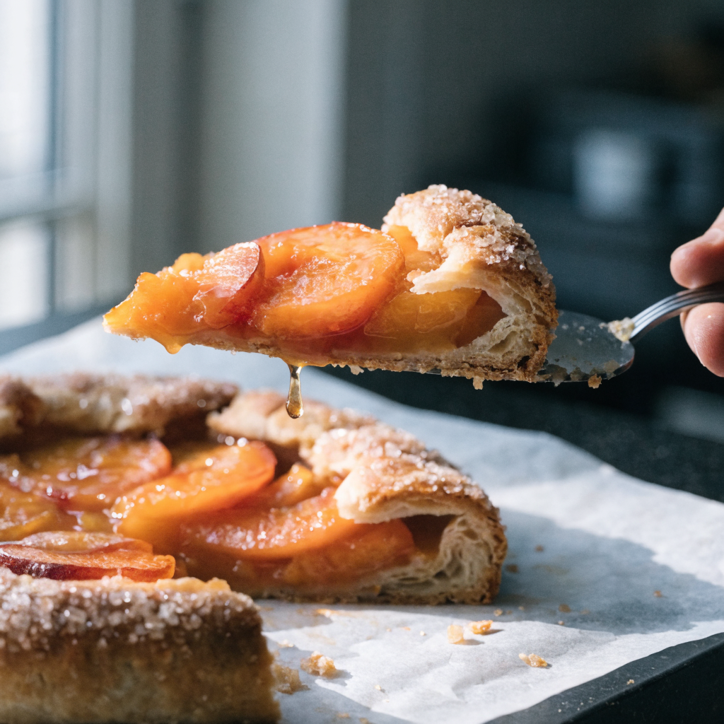 Close-up of easy peach galette with flaky hand-crust
