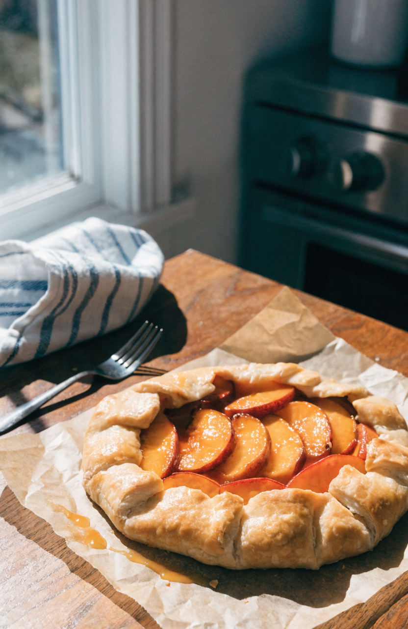 Rustic galette with flaky crust and caramelized peach slices showing interior peach filling and a golden edge with the peach galette visible