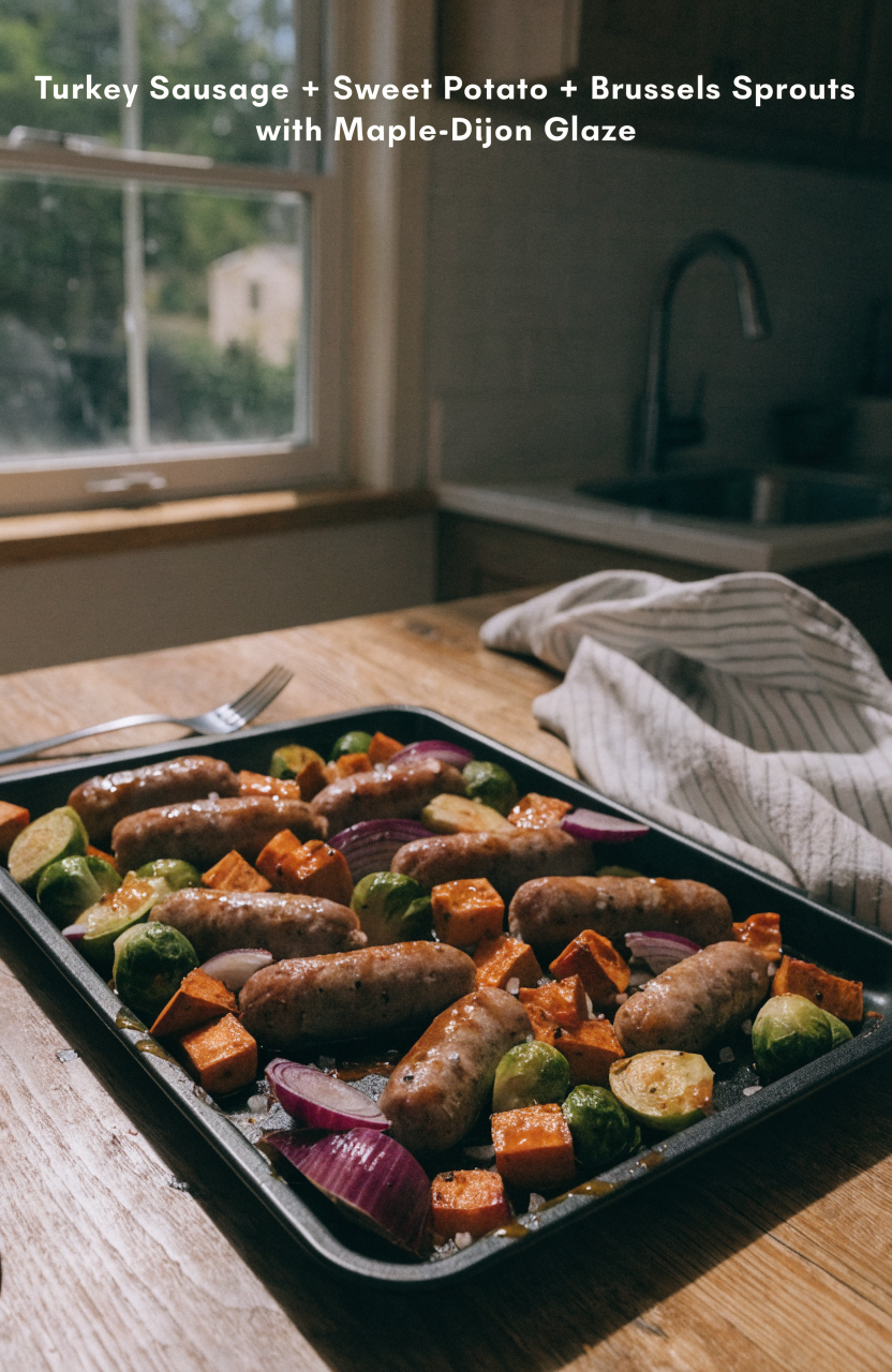 Sheet pan sausage dinner with roasted sweet potatoes, Brussels sprouts, apple slices, and a maple-Dijon glaze