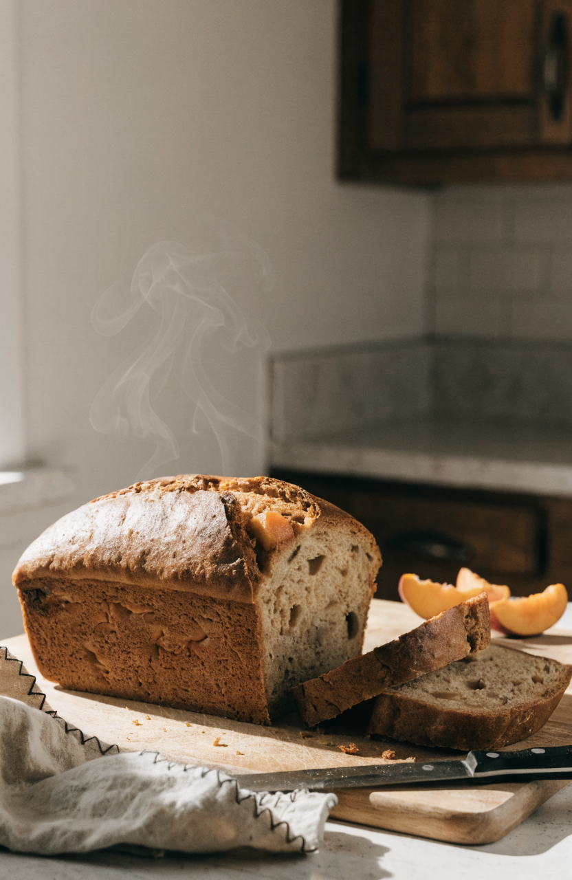A sliced southern peach bread loaf on a wooden board with cinnamon and fresh peach wedges in the foreground