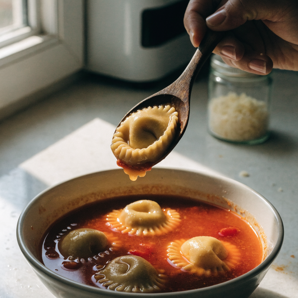 Close-up of creamy tomato tortellini soup