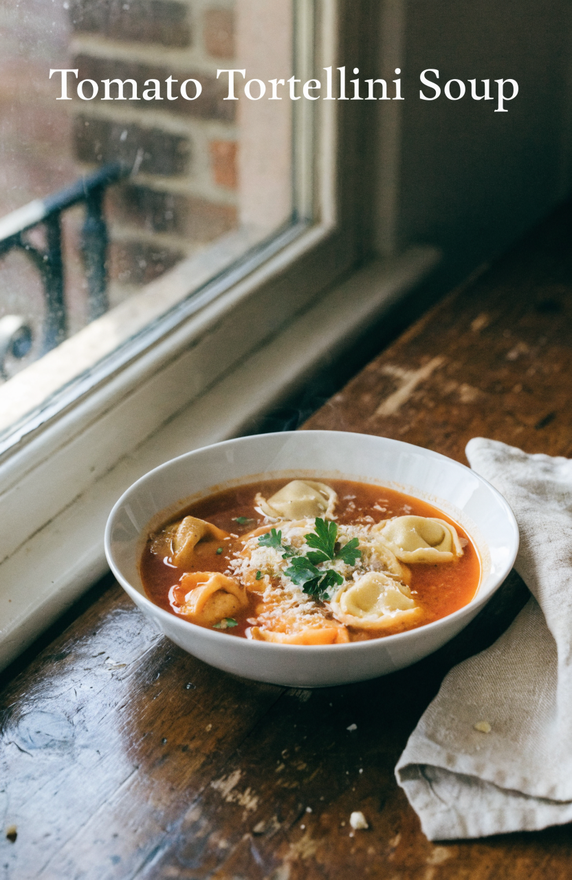 Bowl of tomato tortellini soup with cheese tortellini and fresh parsley