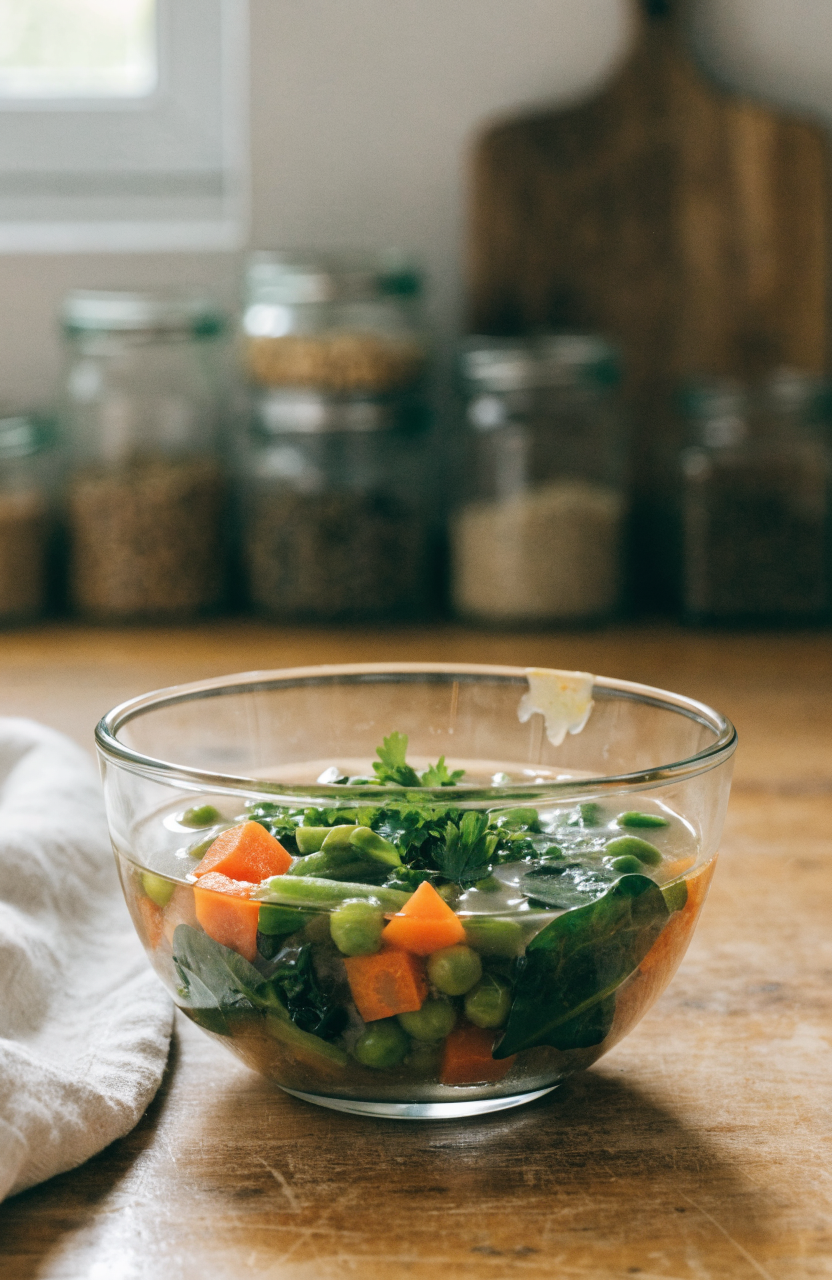 Bowl of vegetable soup recipe in a ceramic bowl garnished with parsley and a slice of crusty bread