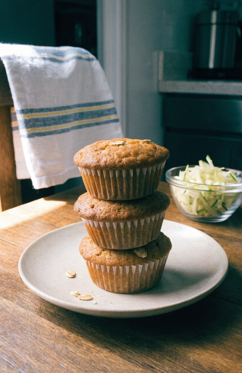 Warm zucchini oatmeal muffins on a cooling rack with a paper liner and a sprinkle of oats